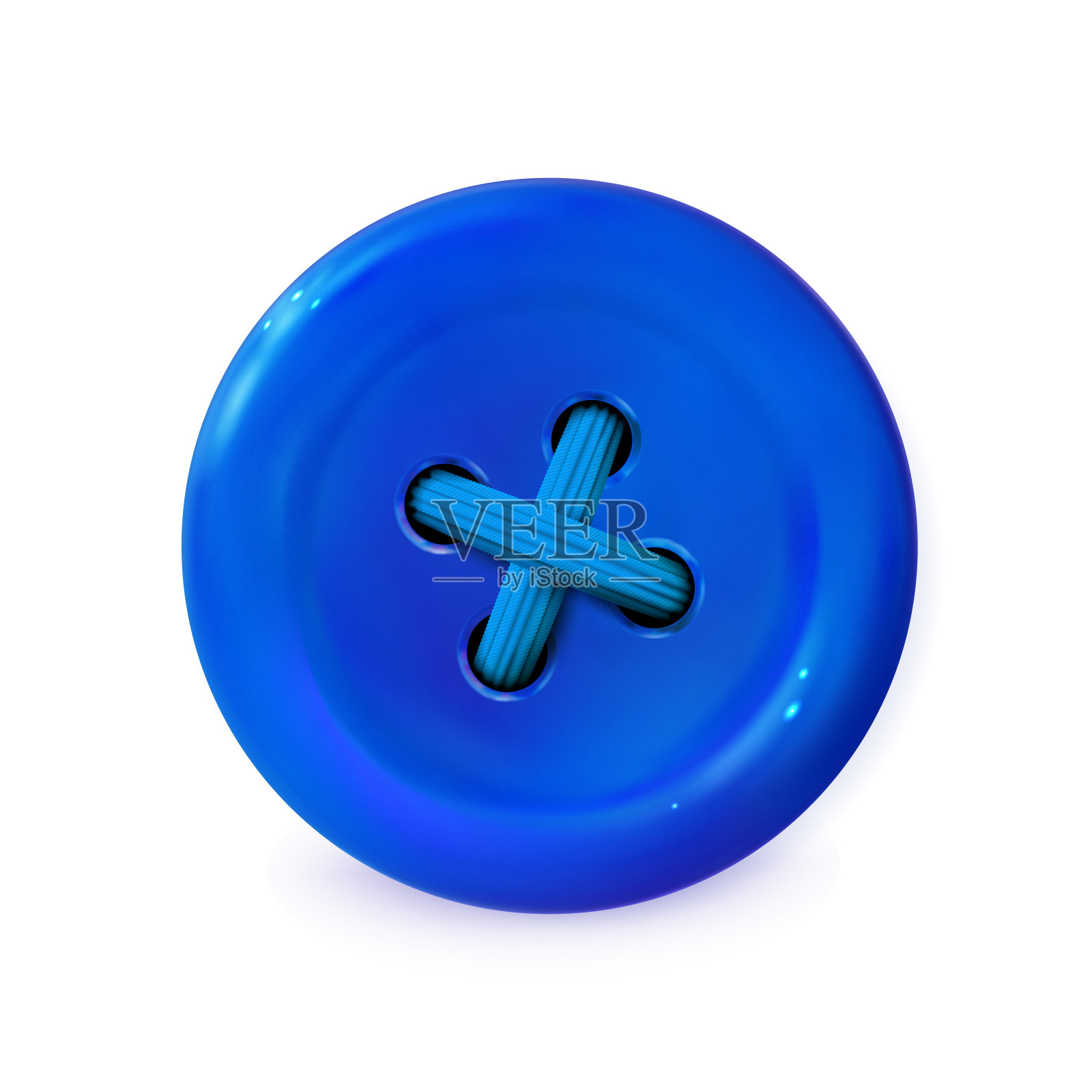 衣服按钮，蓝色图标。详细逼真的塑料缝制按钮隔离。用青色线缝制的。插画图片素材