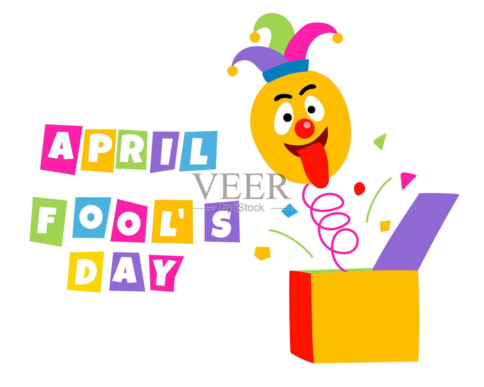 盒子里的杰克有五彩纸屑，笑的表情。插画图片素材