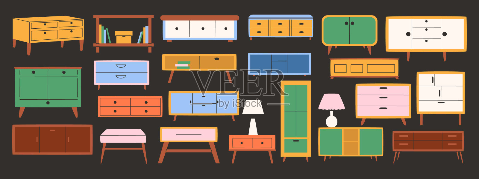 一套五斗橱。现代家具。插画图片素材