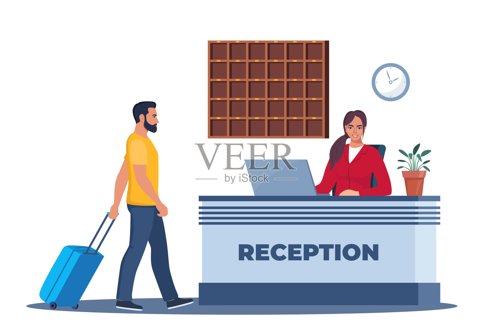 酒店大堂，接待处。前台女接待员，客人拿着行李办理登机手续。酒店到达。旅游、出差概念。客栈内部。矢量插图。插画图片素材