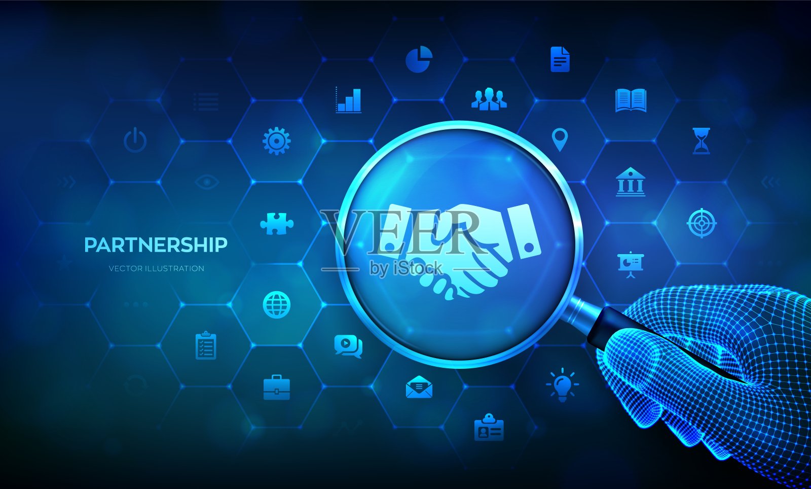 伙伴关系。握手。团队合作技术的概念，在线框图和图标的放大镜。业务合作伙伴关系。全球合作网络。互联网通信。矢量插图。插画图片素材