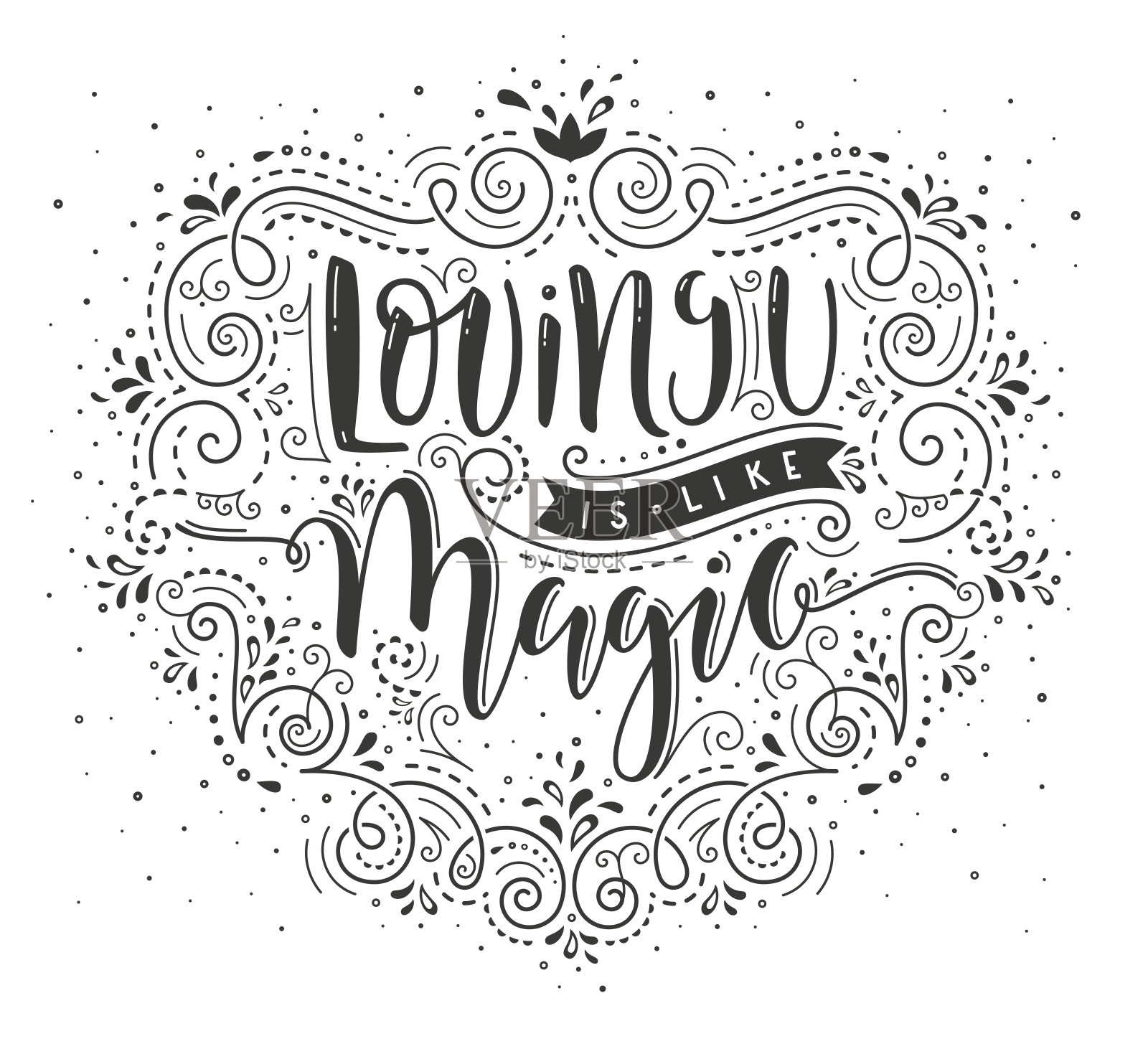 爱你就像魔法。矢量手绘字体背景与浪漫的报价。插画图片素材