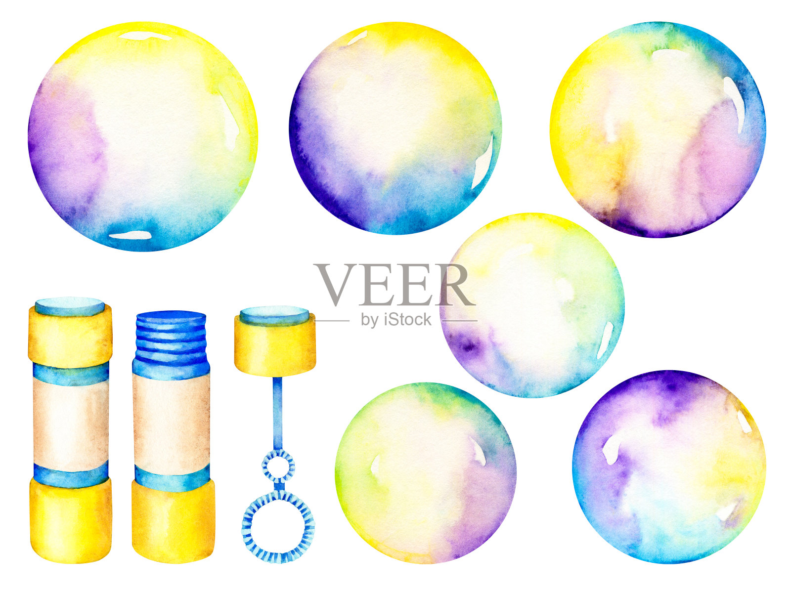 手绘水彩集肥皂泡沫鼓风机孤立在一个白色的背景。插画图片素材