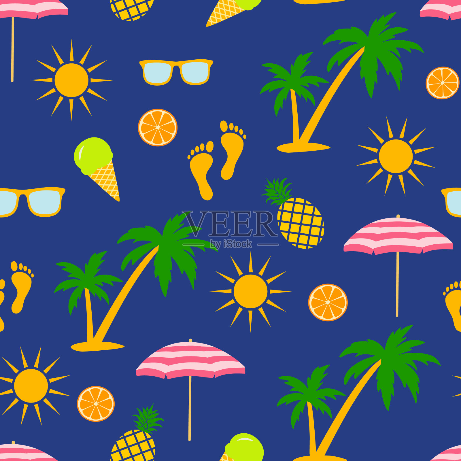 矢量无缝图案与夏季元素。雨伞，菠萝，太阳和太阳镜在深蓝色的背景插画图片素材