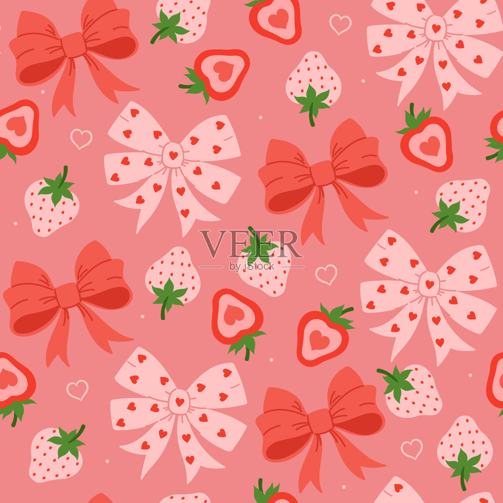 草莓和蝴蝶结的无缝图案。矢量图形。插画图片素材