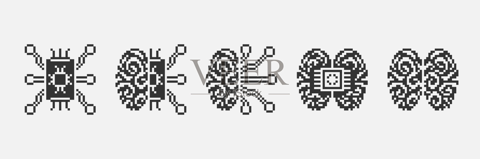 简单的1位像素艺术人工智能图标集。大脑和芯片组插画图片素材