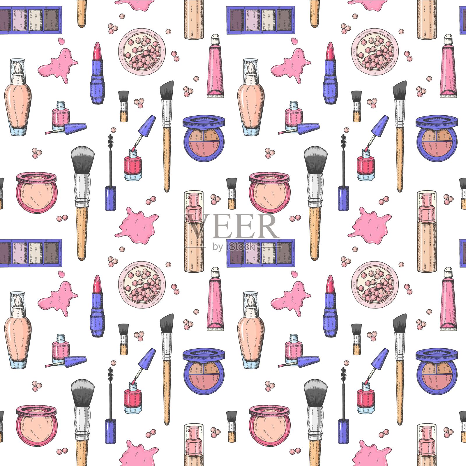制作彩色无缝图案。雕刻化妆品。矢量彩妆背景-调性液体，口红，唇彩，粉饼，珍珠粉，粉底，睫毛膏，化妆刷，眼影，指甲油插画图片素材