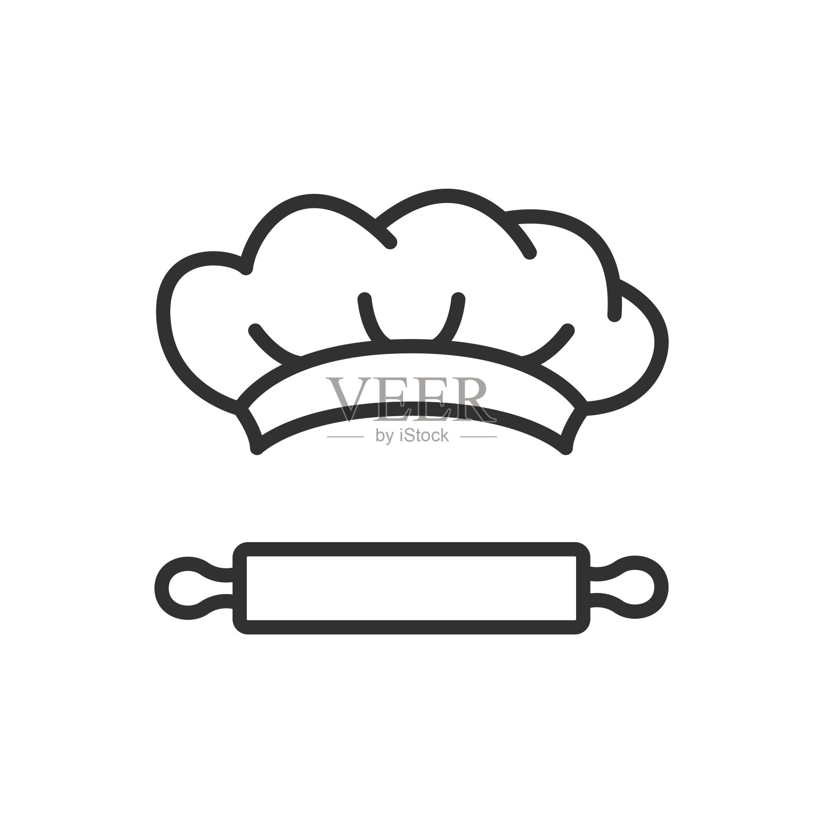 烘烤。面包师的帽子和擀面杖，线性图标。线条可编辑的笔画插画图片素材