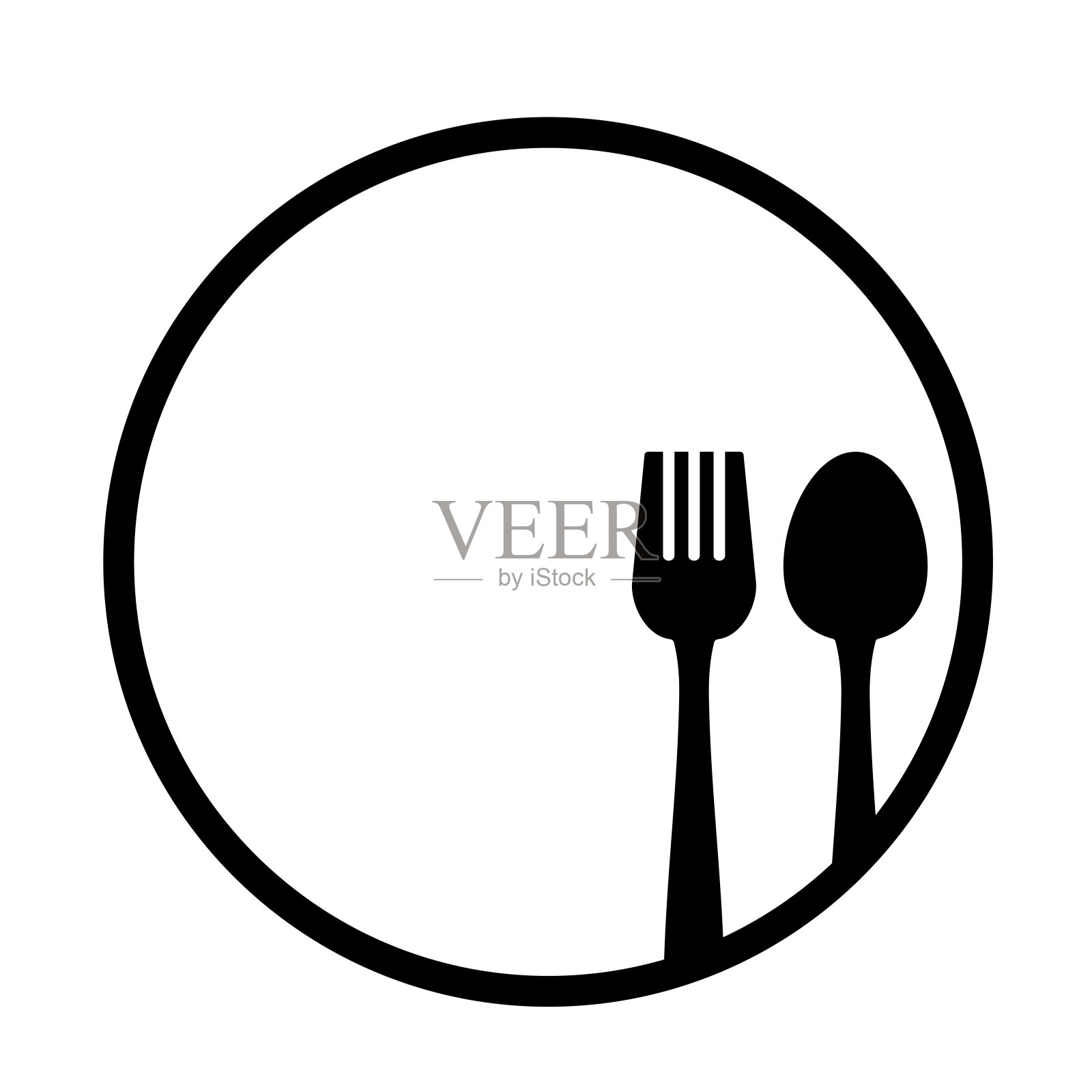 勺子和叉子的轮廓图标设置旁边的圆形盘子插画图片素材