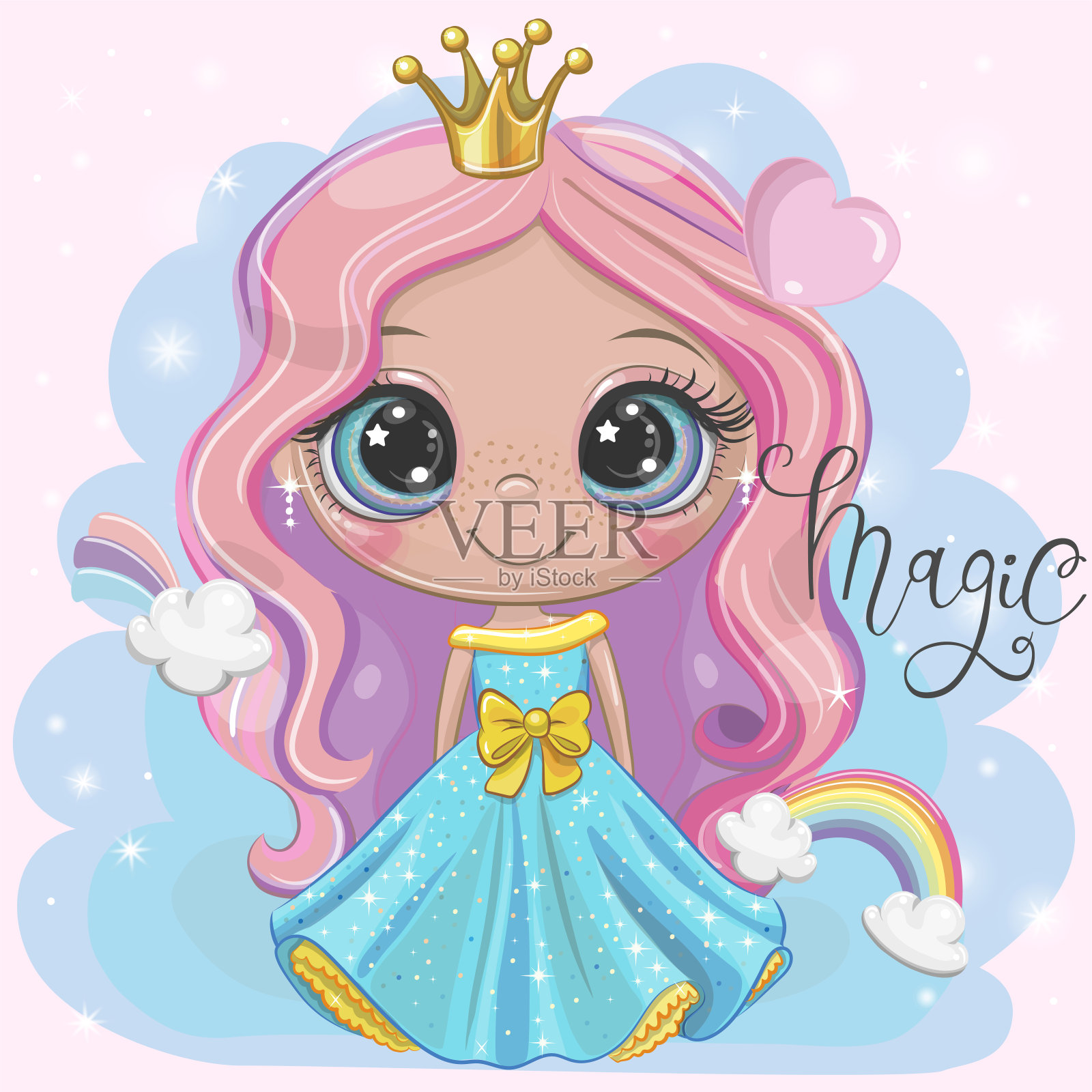 公主穿着蓝色的裙子，粉红色的头发插画图片素材