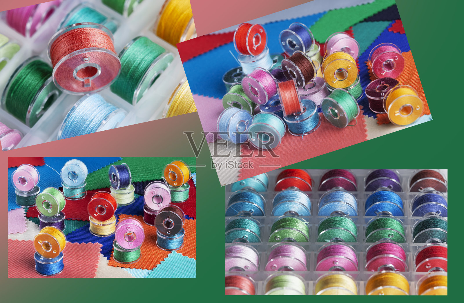 储存箱里有亮线的缝纫机塑料线轴的照片拼贴画。照片摄影图片