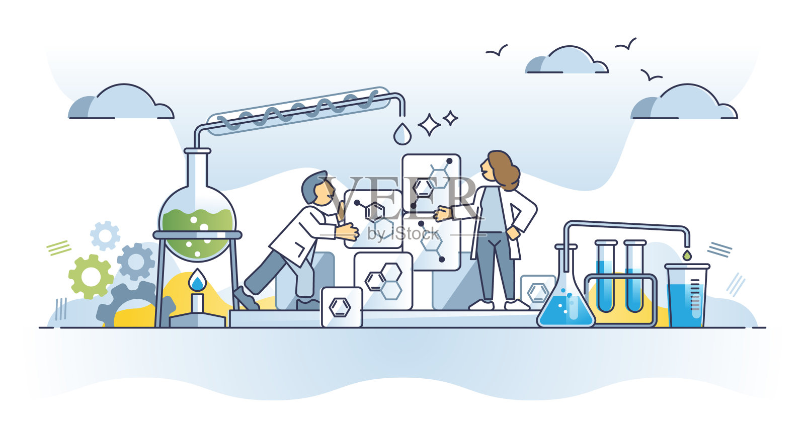 具有化学研究大纲概念的化学工程师插画图片素材