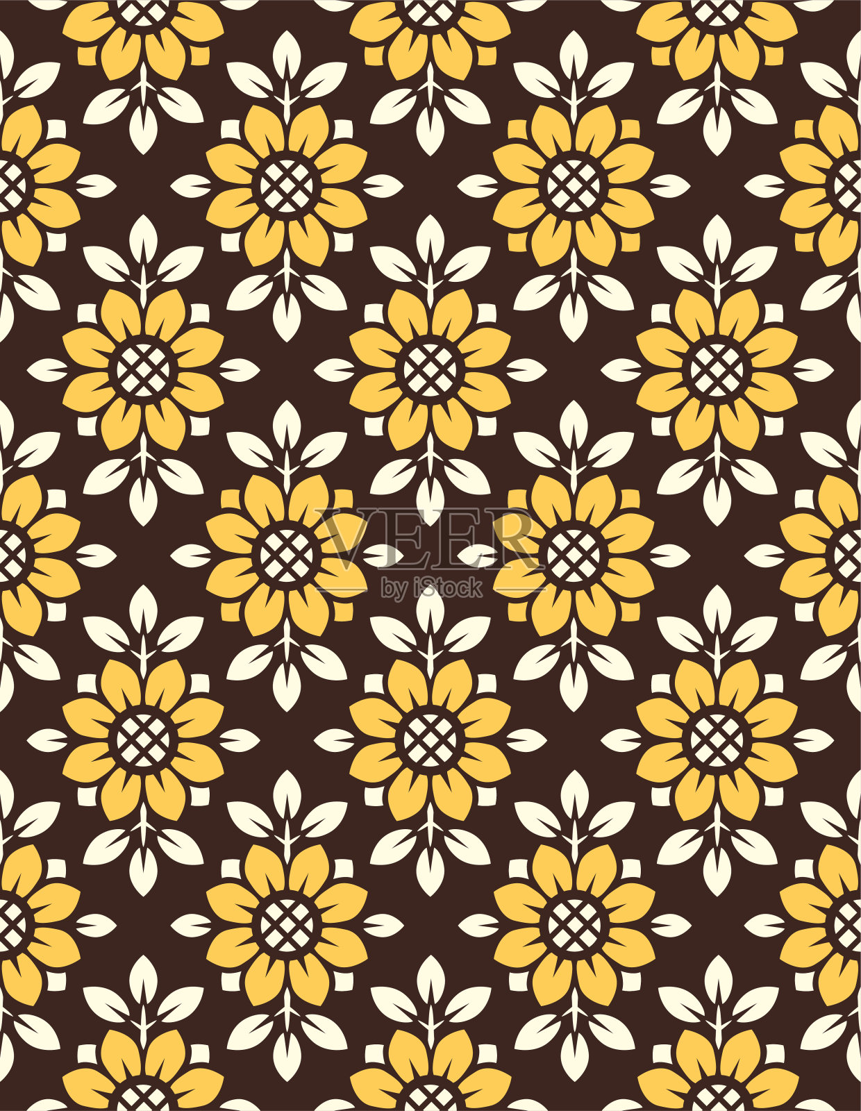 矢量无缝图案与明亮的橙色向日葵在黑色背景。风格化的花在几何菱形图案墙纸和纺织品插画图片素材