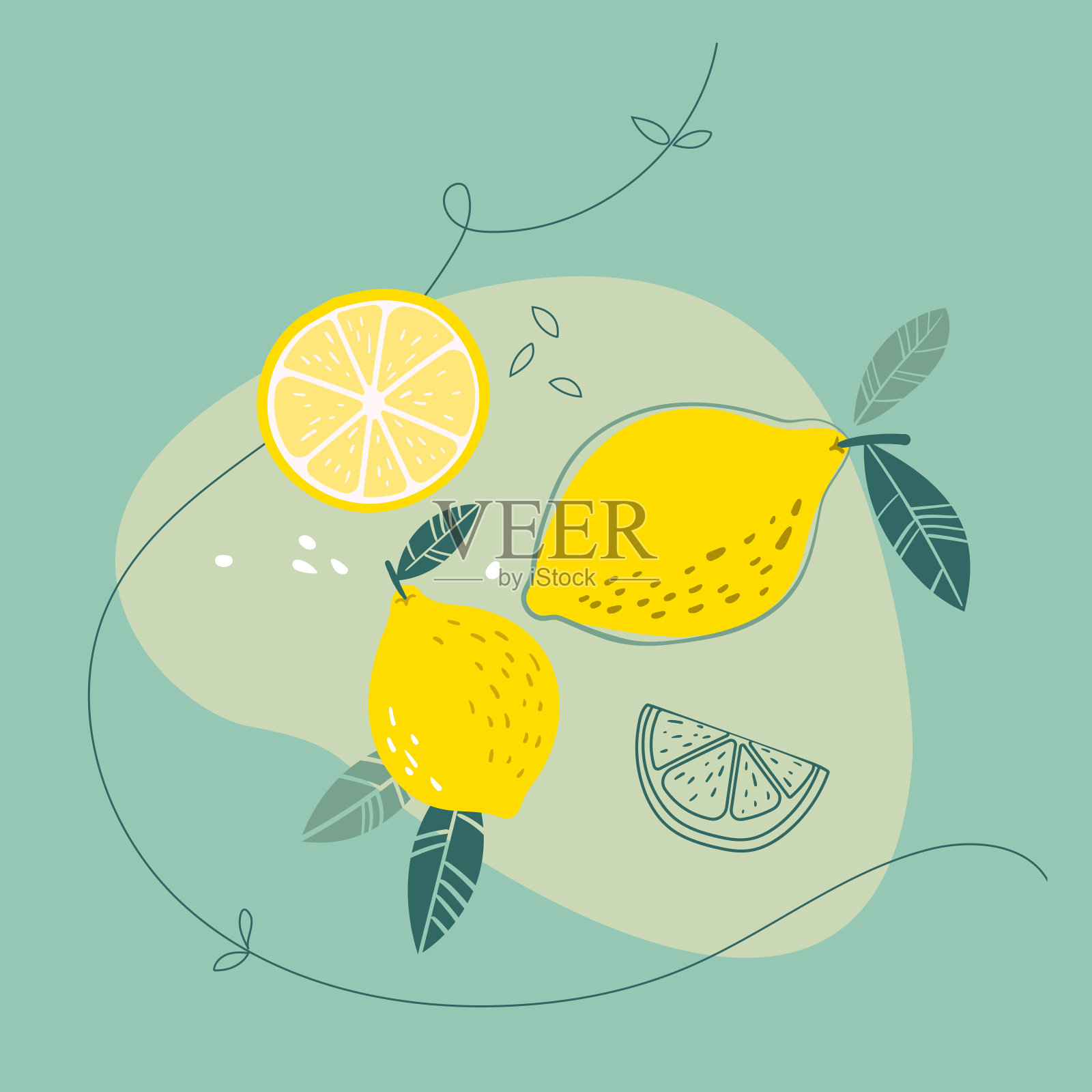 绿色背景上的柠檬插画图片素材