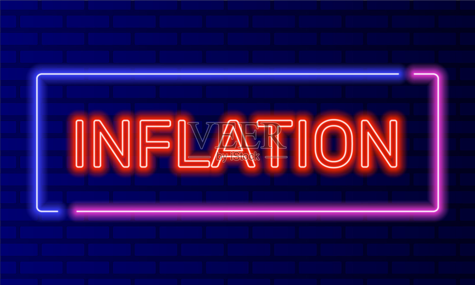 在砖墙背景向量上的语音气泡框架霓虹灯标志膨胀。光横幅在墙上的背景。通货膨胀按钮贬值货币，设计模板，夜间霓虹灯招牌插画图片素材