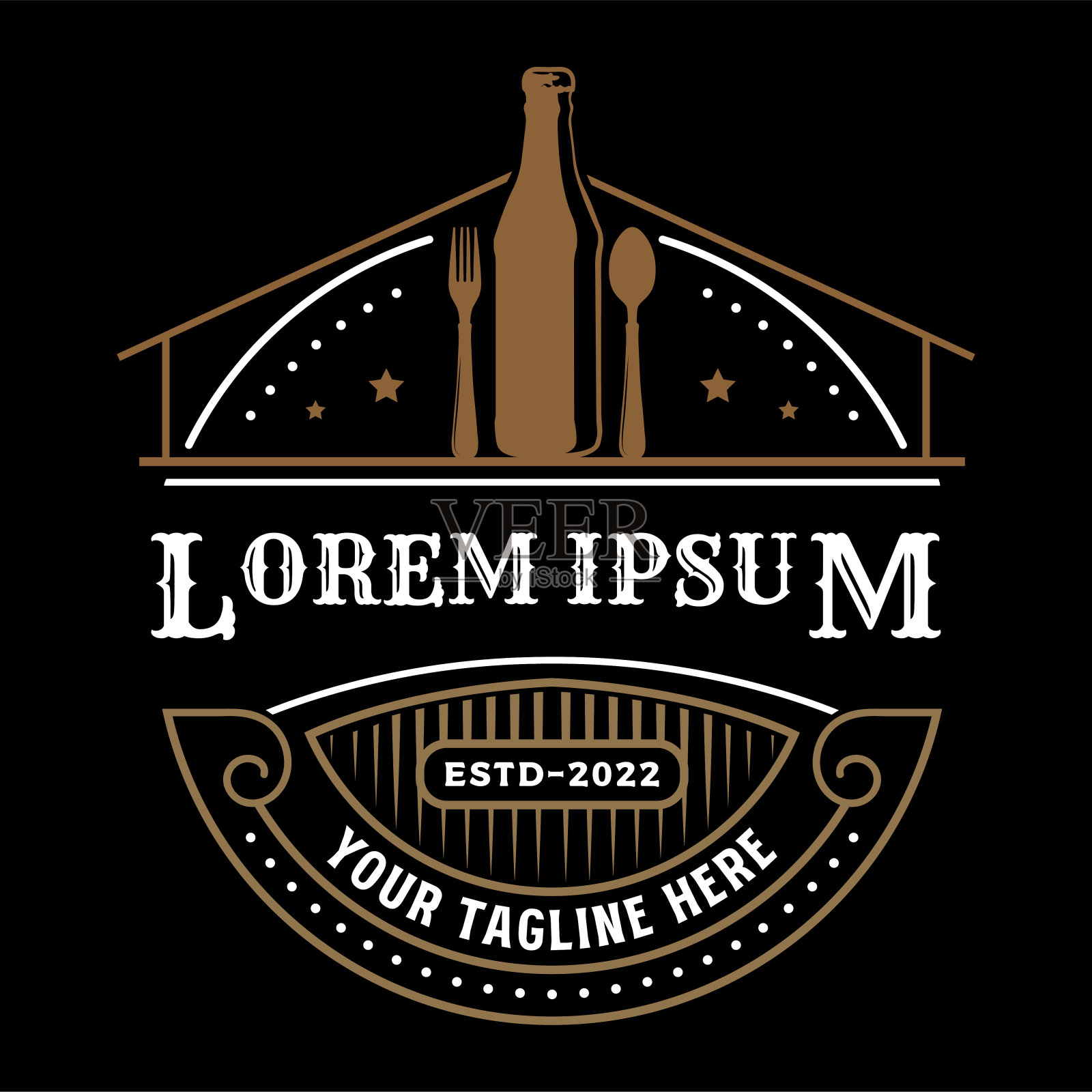 复古经典勺子叉酒瓶乡村餐厅酒吧酒馆狂野西部西部牛仔插图插画图片素材