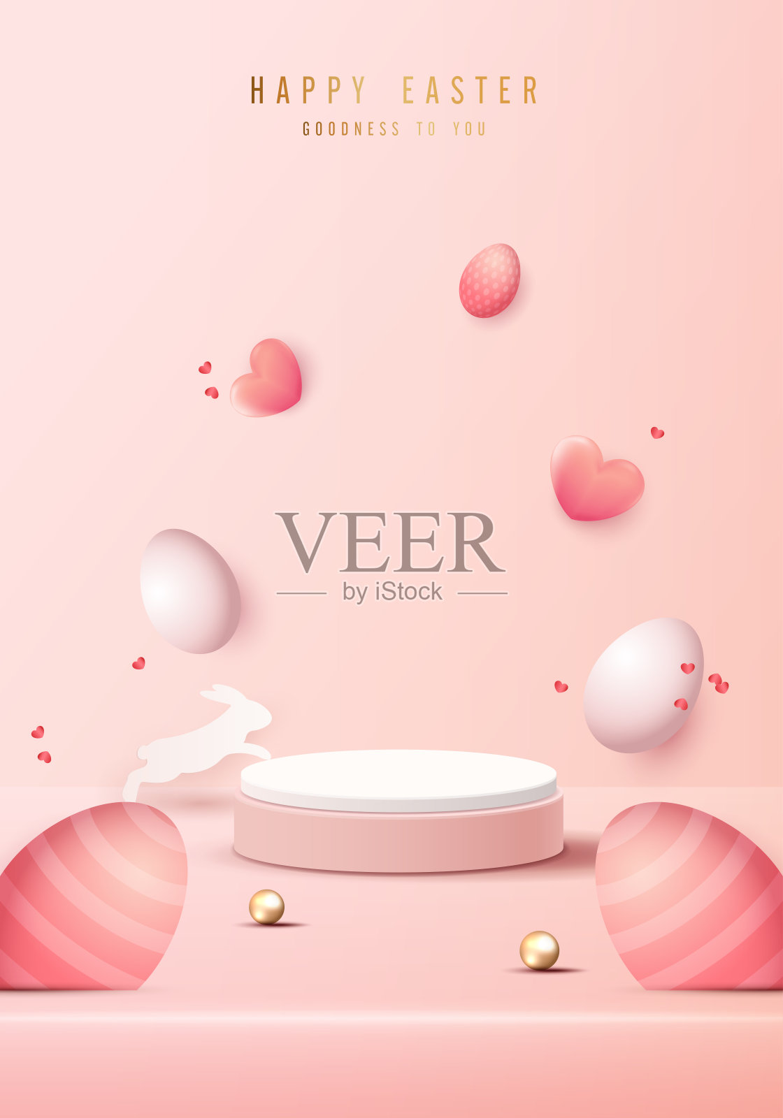 复活节快乐粉色背景和纸艺术讲台展示产品展示，品牌和包装展示。以鸡蛋和兔子为背景的摄影棚舞台。矢量设计。插画图片素材