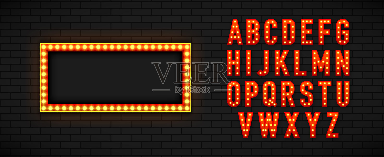 Lightbox和Alphabet。选框灯箱广告牌与灯泡字体模板在墙上的背景。百老汇和表演的概念。矢量插图。插画图片素材