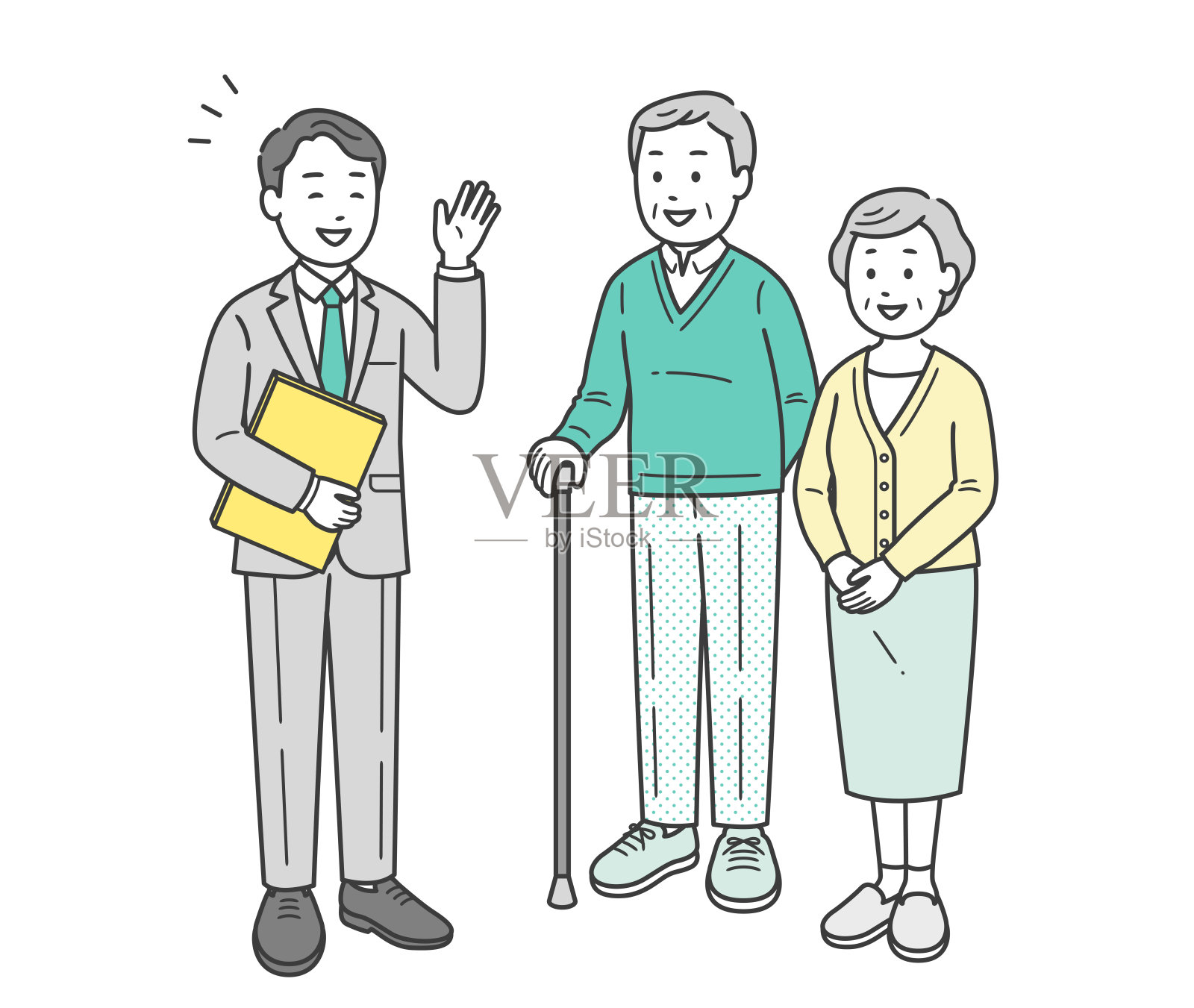 一对上了年纪的男女夫妇正在接受一个西装革履的男人的解释插画图片素材