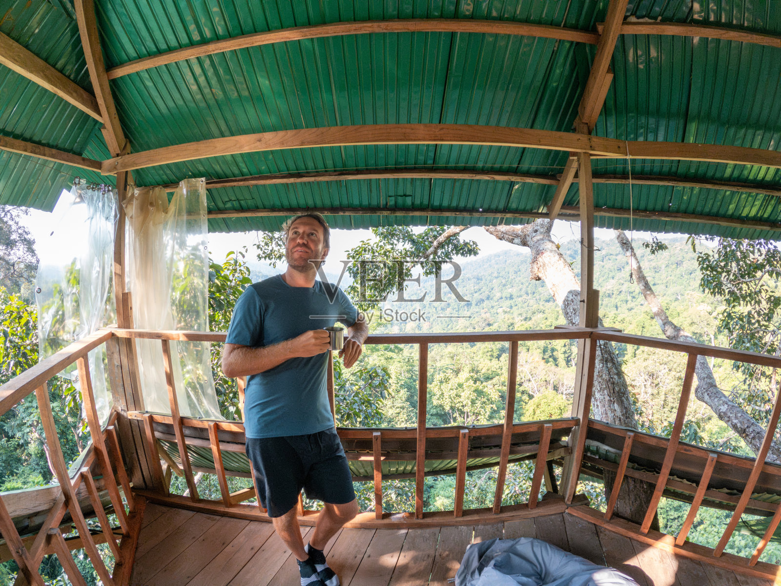 树冠上的倒影:一个人从树屋宁静的制高点对自然的沉思照片摄影图片