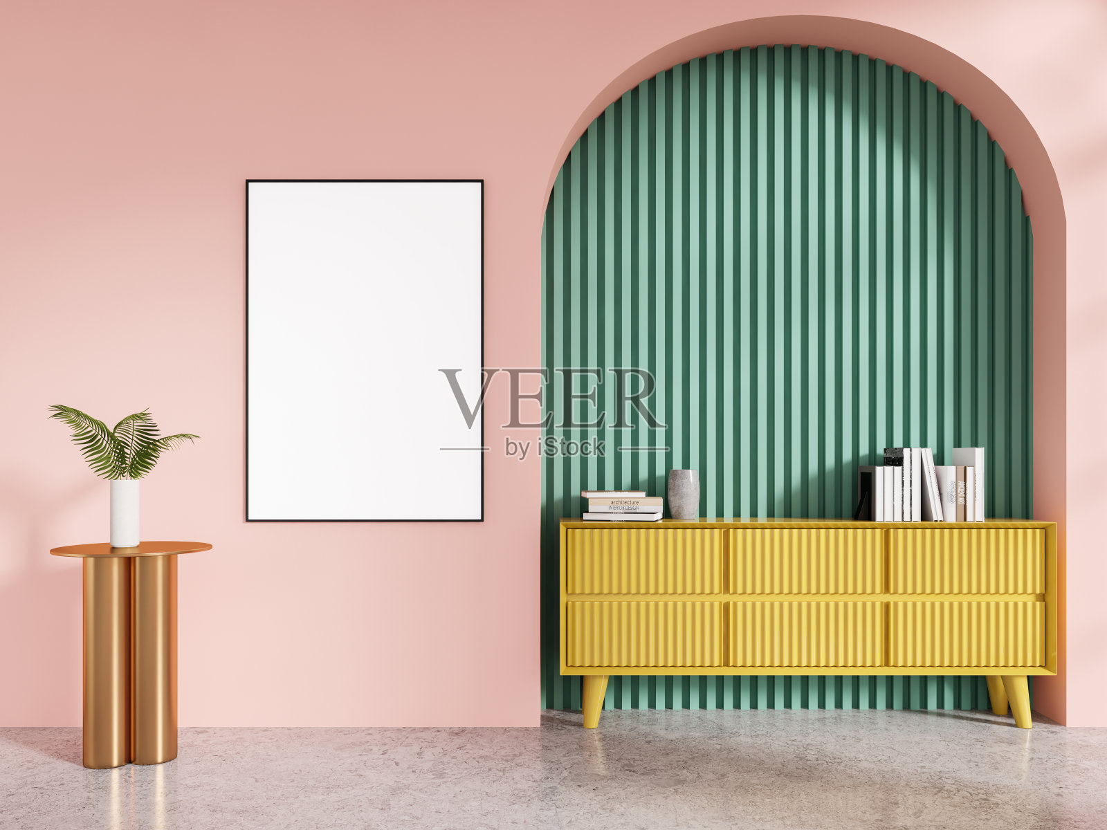 明亮的客厅内部有黄色的抽屉和装饰，模型框架照片摄影图片