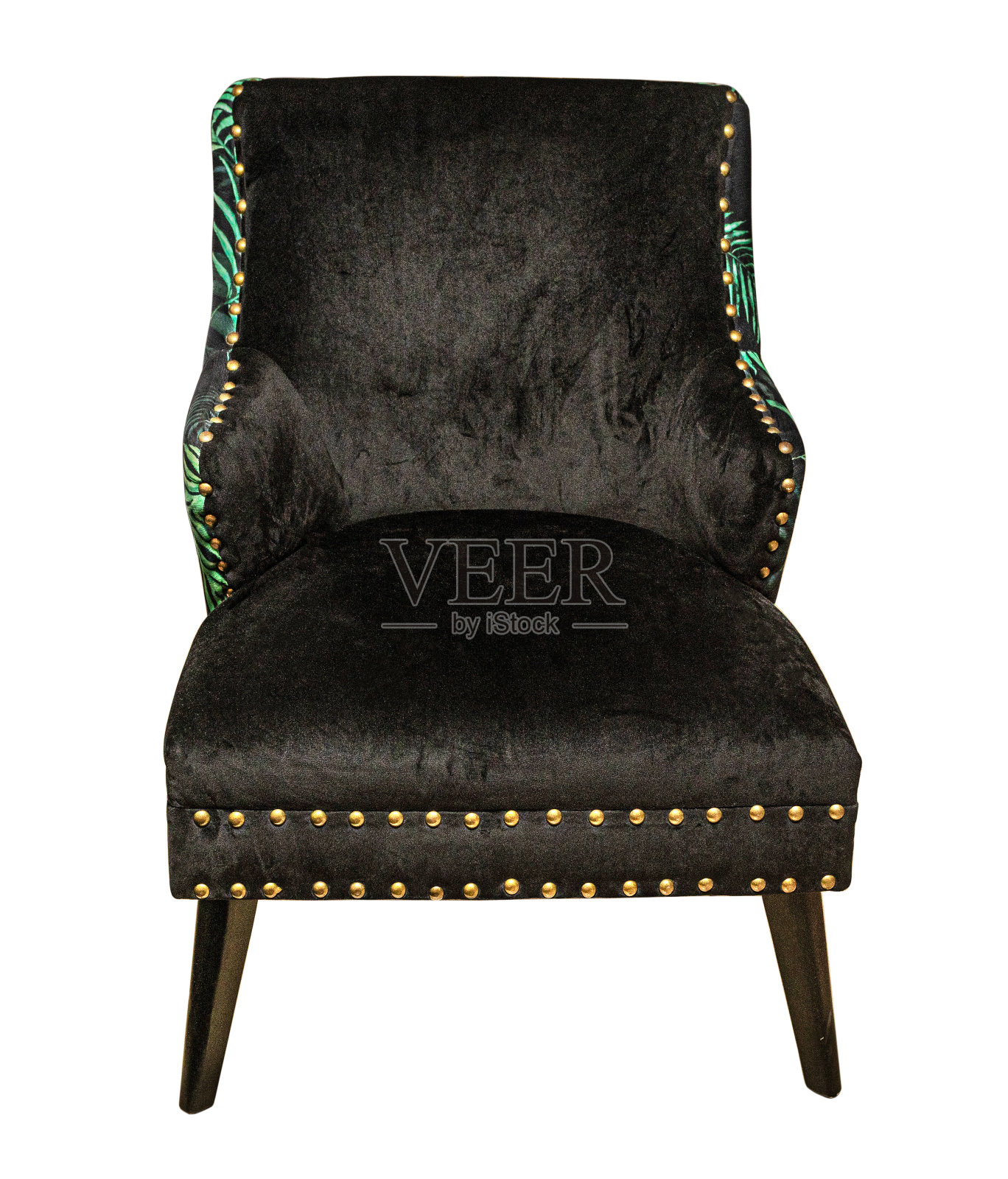 一张黑色扶手椅，上面铺着印花织物照片摄影图片