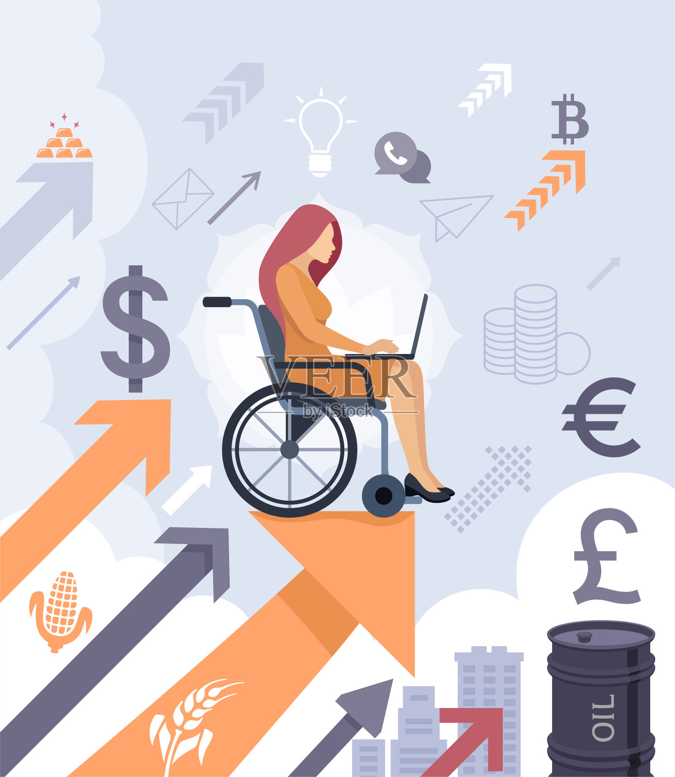 商人的性格。交易员在笔记本电脑上工作。金融分析师。残疾人。插画图片素材