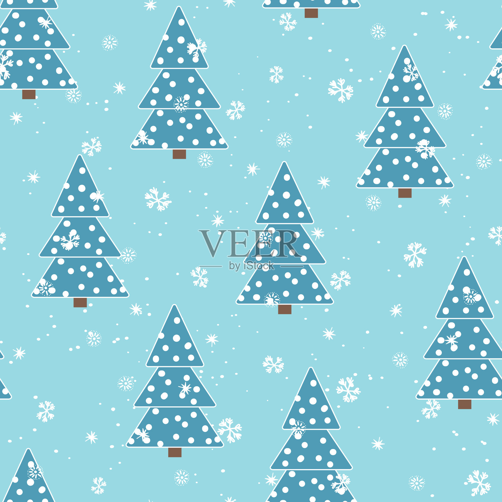 冬季无缝图案：圣诞树和雪花彩色背景矢量插画，适用于织物、纺织壁纸、海报、礼品包装纸，圣诞和新年矢量插画图片素材