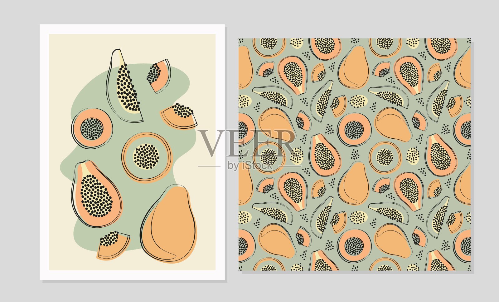 木瓜果实设置在平面设计。海报和无缝图案与木瓜织物，卡片，壁纸。插画图片素材