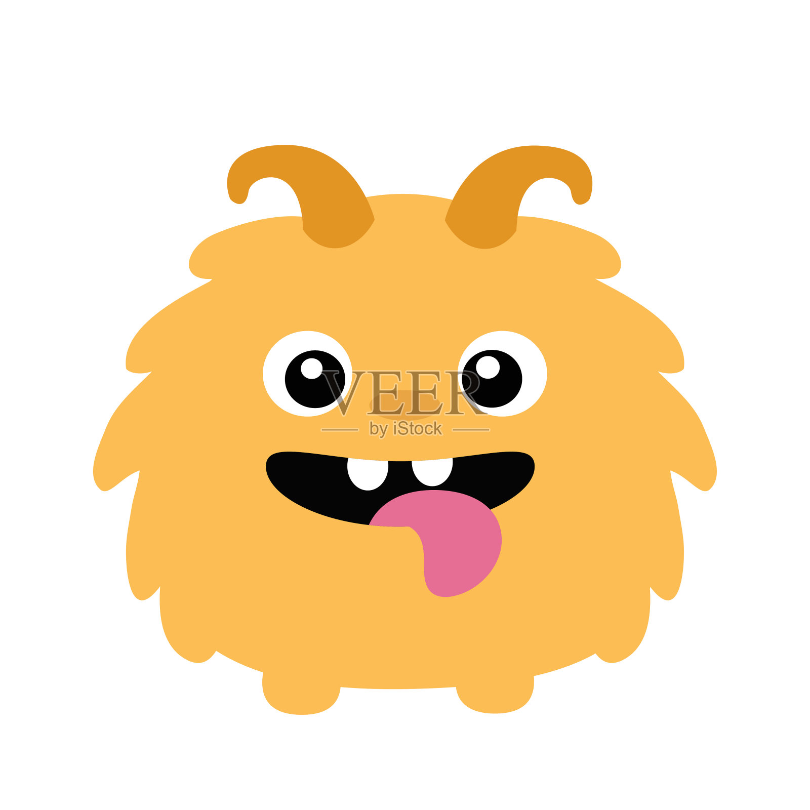 可爱的怪物。万圣节快乐。长着角，牙齿，舌头的搞笑脸。橙色剪影微笑可怕的怪物。卡通卡哇伊尖叫boo有趣的婴儿角色。平面设计。白色背景。插画图片素材