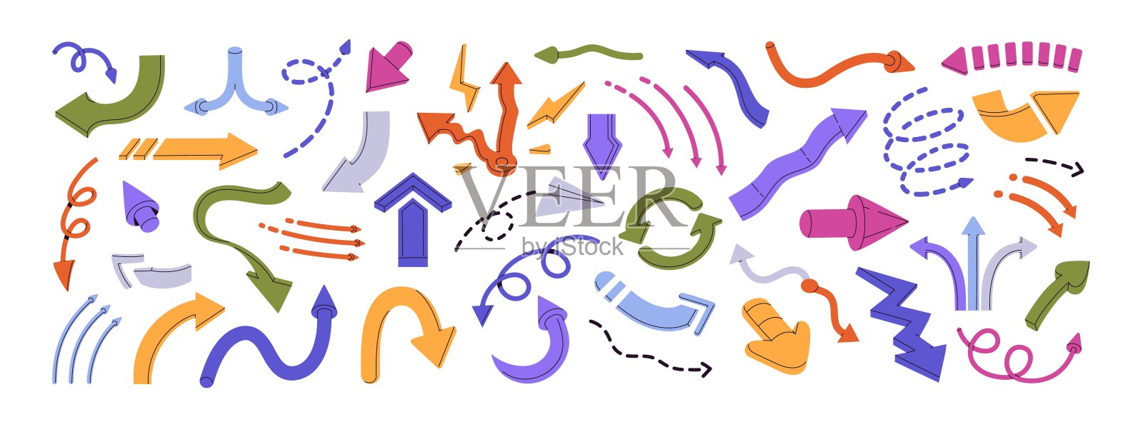 彩色箭头集。不同风格的指针符号:点线、扭曲、光标。指向方向的几何形状。交换的信号，向上，向下。平面隔离矢量插图上的白色插画图片素材