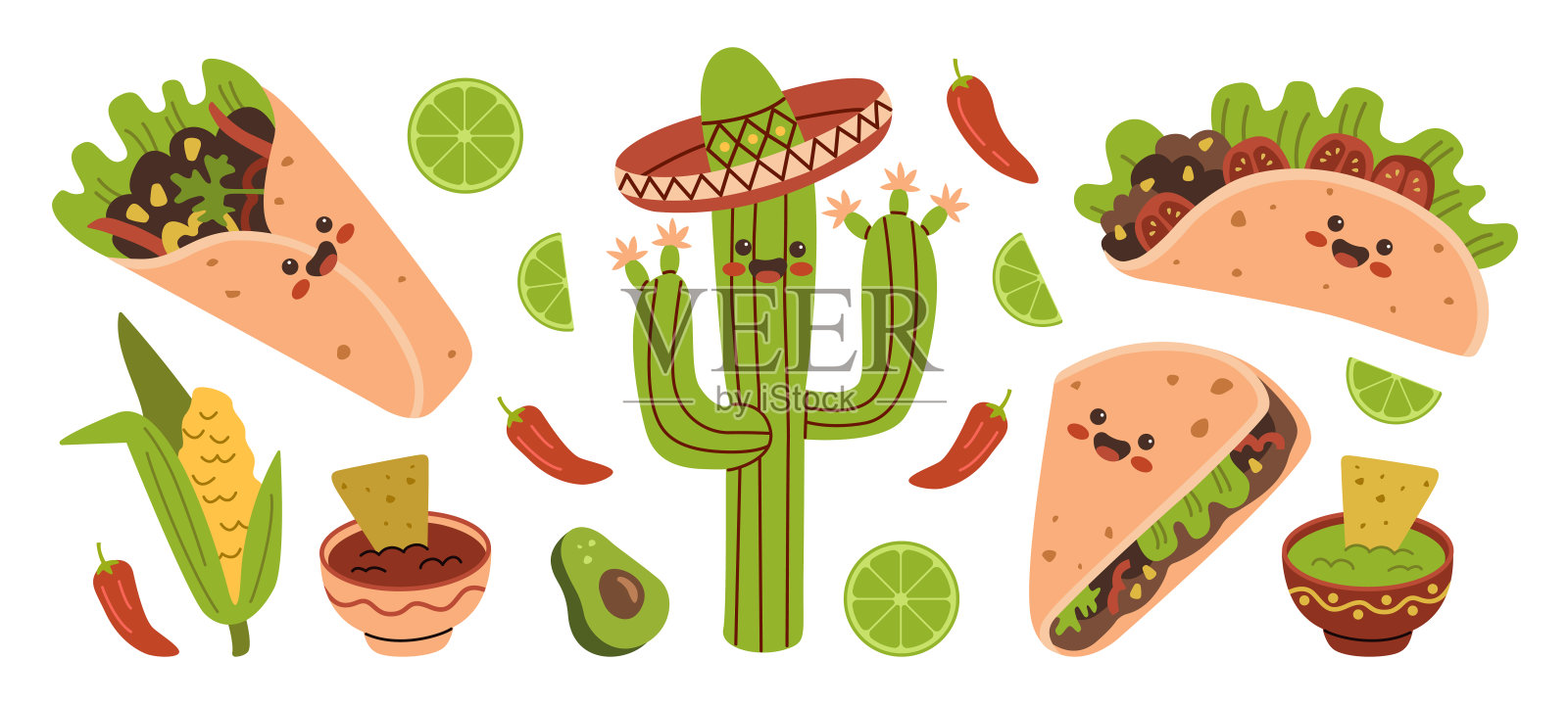 墨西哥美食有趣的人物设定。墨西哥美食可爱笑脸表情吉祥物收藏。微笑的墨西哥卷饼，墨西哥卷饼。插画图片素材