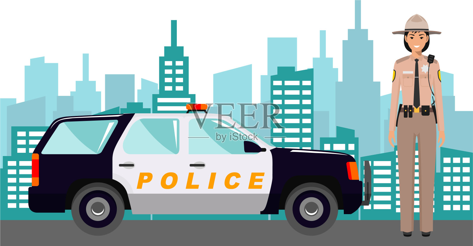 年轻可爱的微笑站着的女警长穿着制服与警车和现代城市景观在平面风格。矢量图插画图片素材