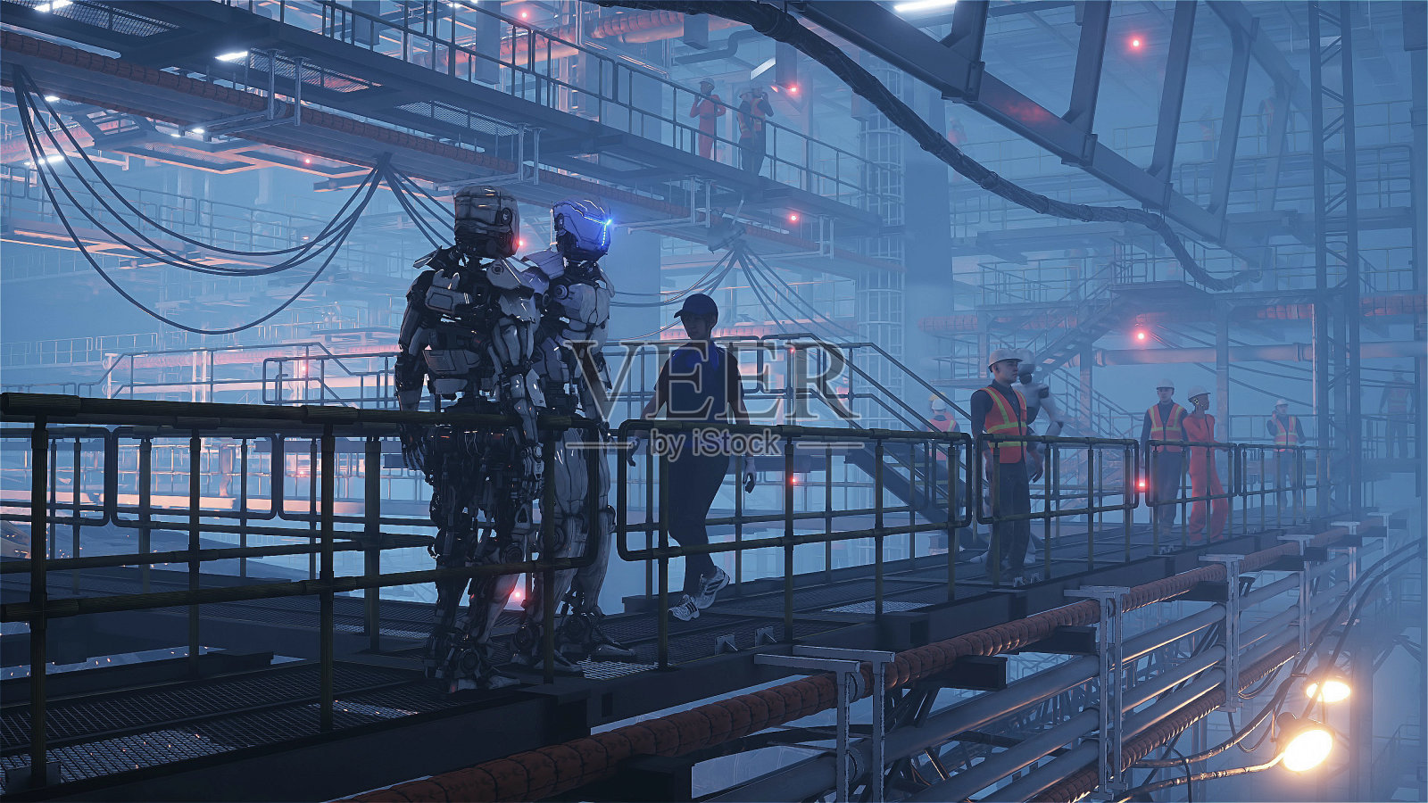 在工厂生产军用未来船。人类和机器人的未来概念。3 d渲染。照片摄影图片