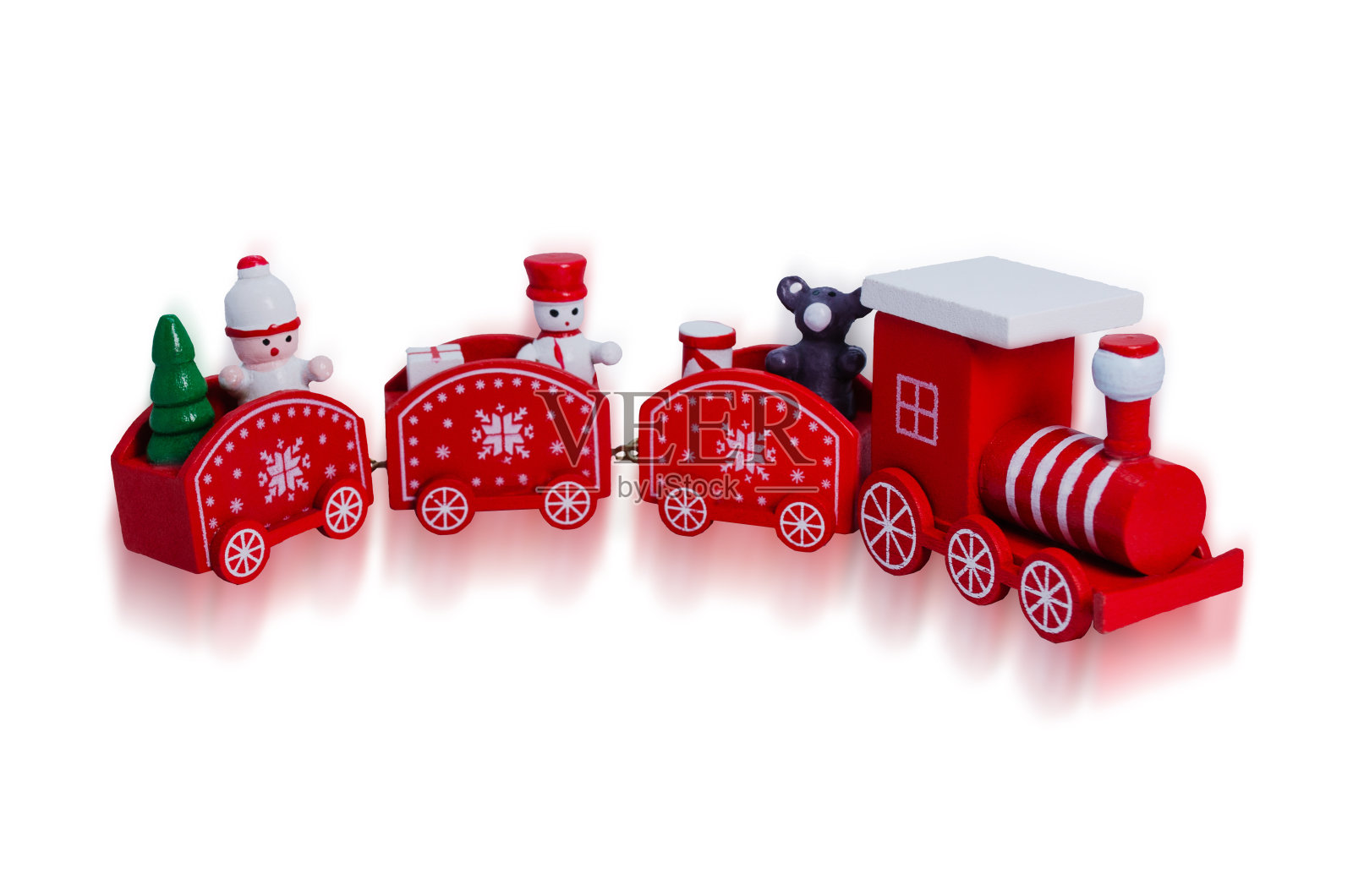 圣诞多色木制红色火车玩具孤立的白色背景与阴影照片摄影图片