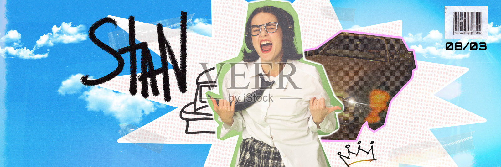 年轻的女孩穿着校服风格的衣服，戴着耳机听着音乐，在抽象的背景下跳舞。当代艺术拼贴。照片摄影图片