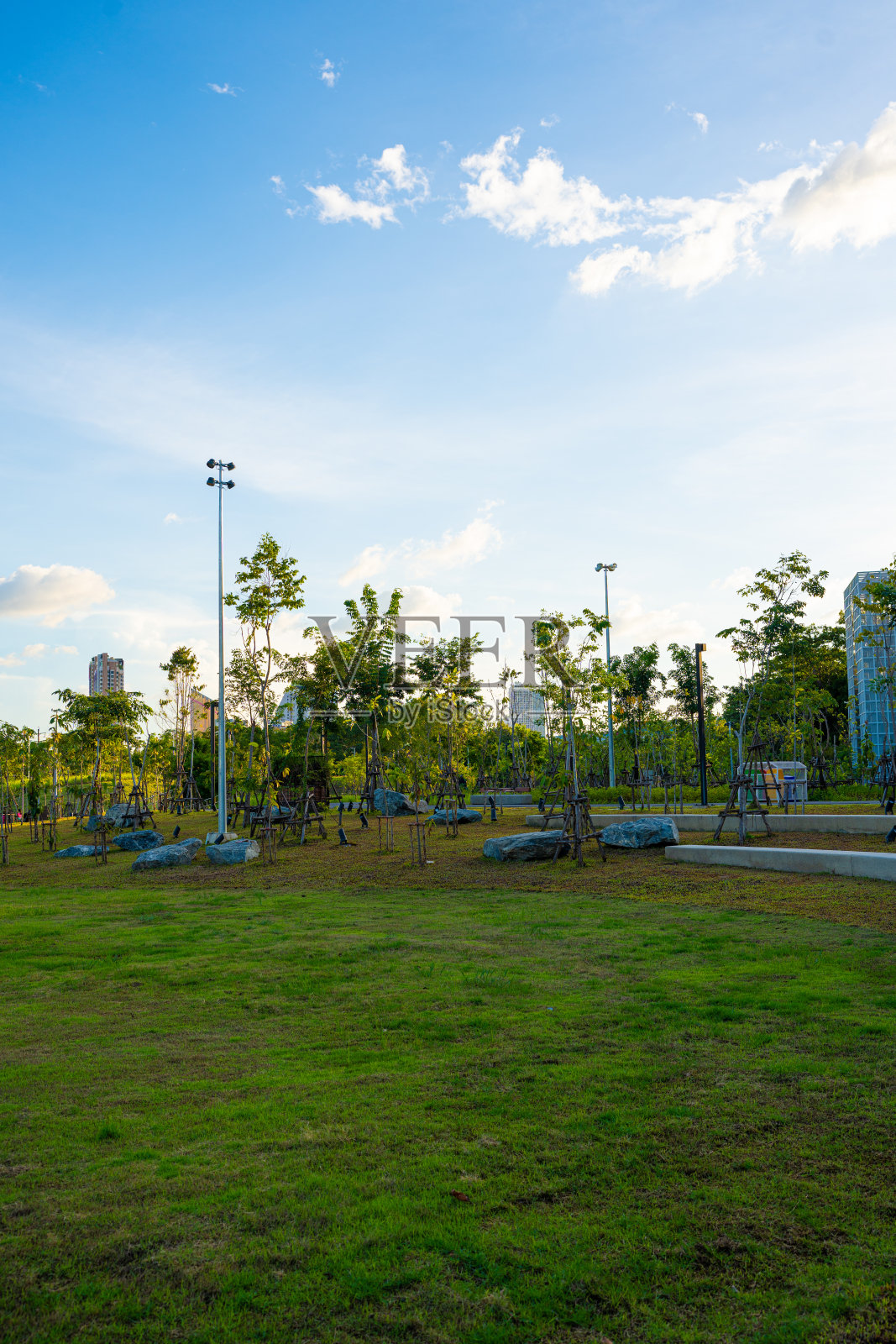 城市公园里的草地，市中心的草地，悠闲的晚霞，天空中有云照片摄影图片