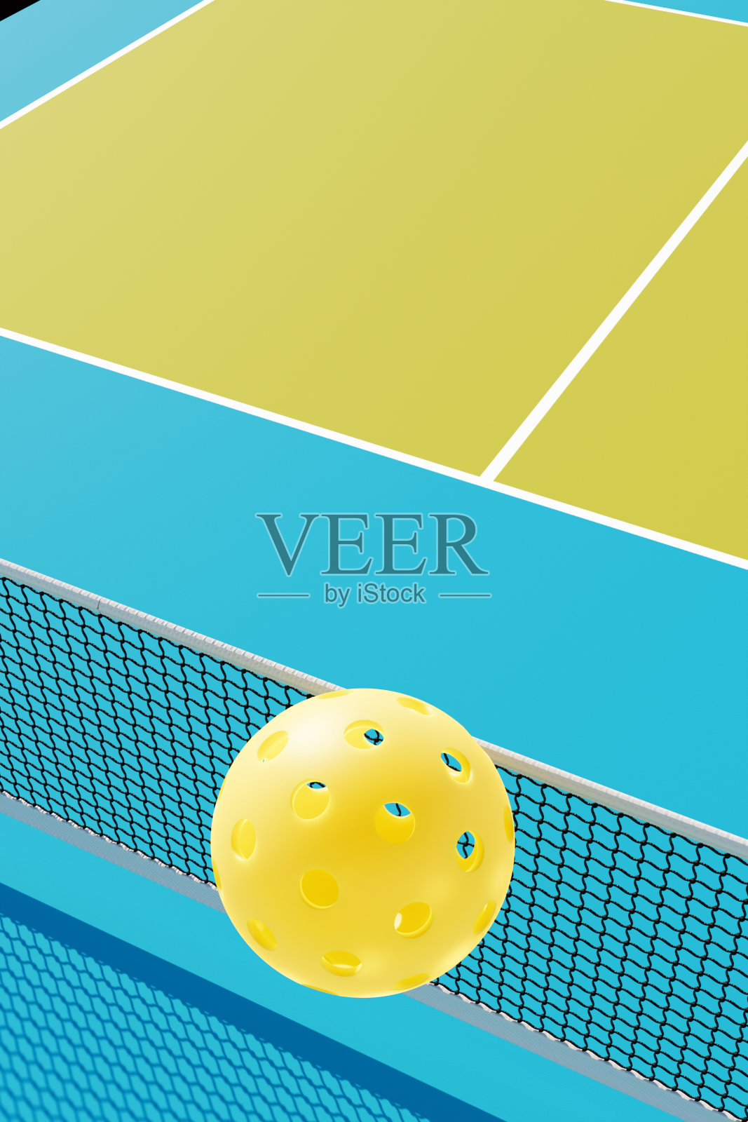 一个匹克球飞过球场网。三维渲染照片摄影图片