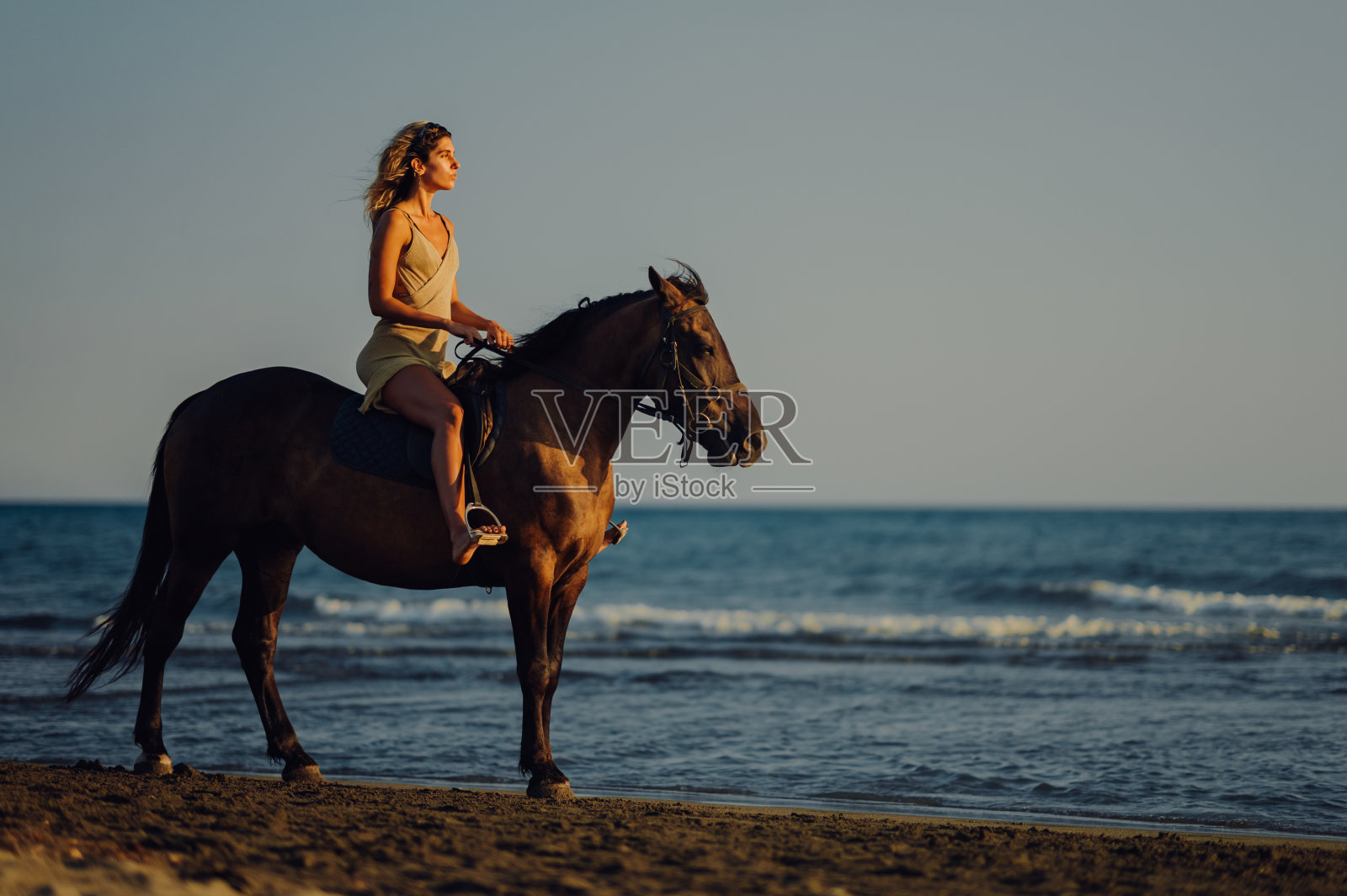 一个迷人的女人在日落的海滩上骑马的侧面视图。照片摄影图片