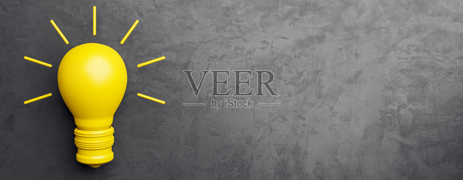 黄色灯泡在深色纹理的墙上发光，象征着思想和创造力。三维渲染照片摄影图片