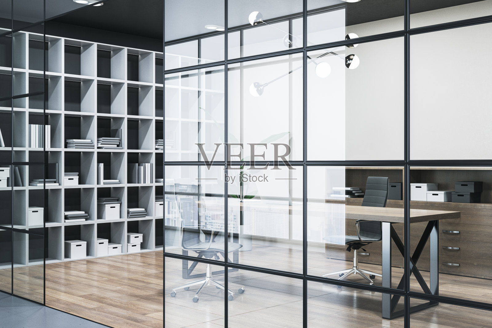 现代会议室内部配有玻璃隔断、木地板和书柜。3 d渲染。照片摄影图片