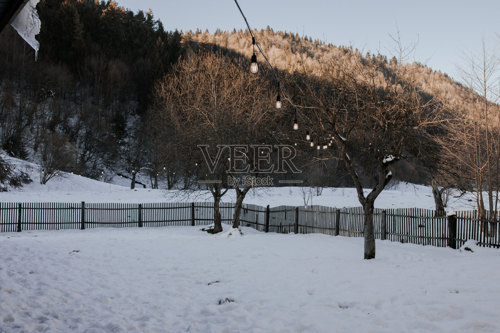 寒冷的冬日，郊区一户人家的后院里，白雪覆盖的土地上挂着天井灯照片摄影图片