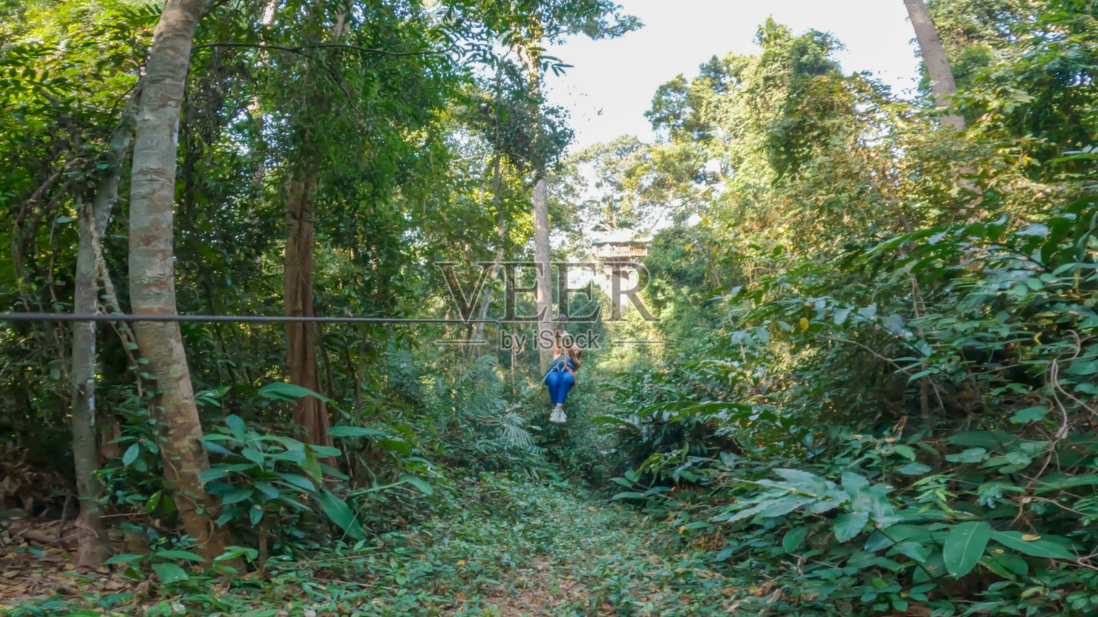 年轻女子在老挝丛林里滑索照片摄影图片