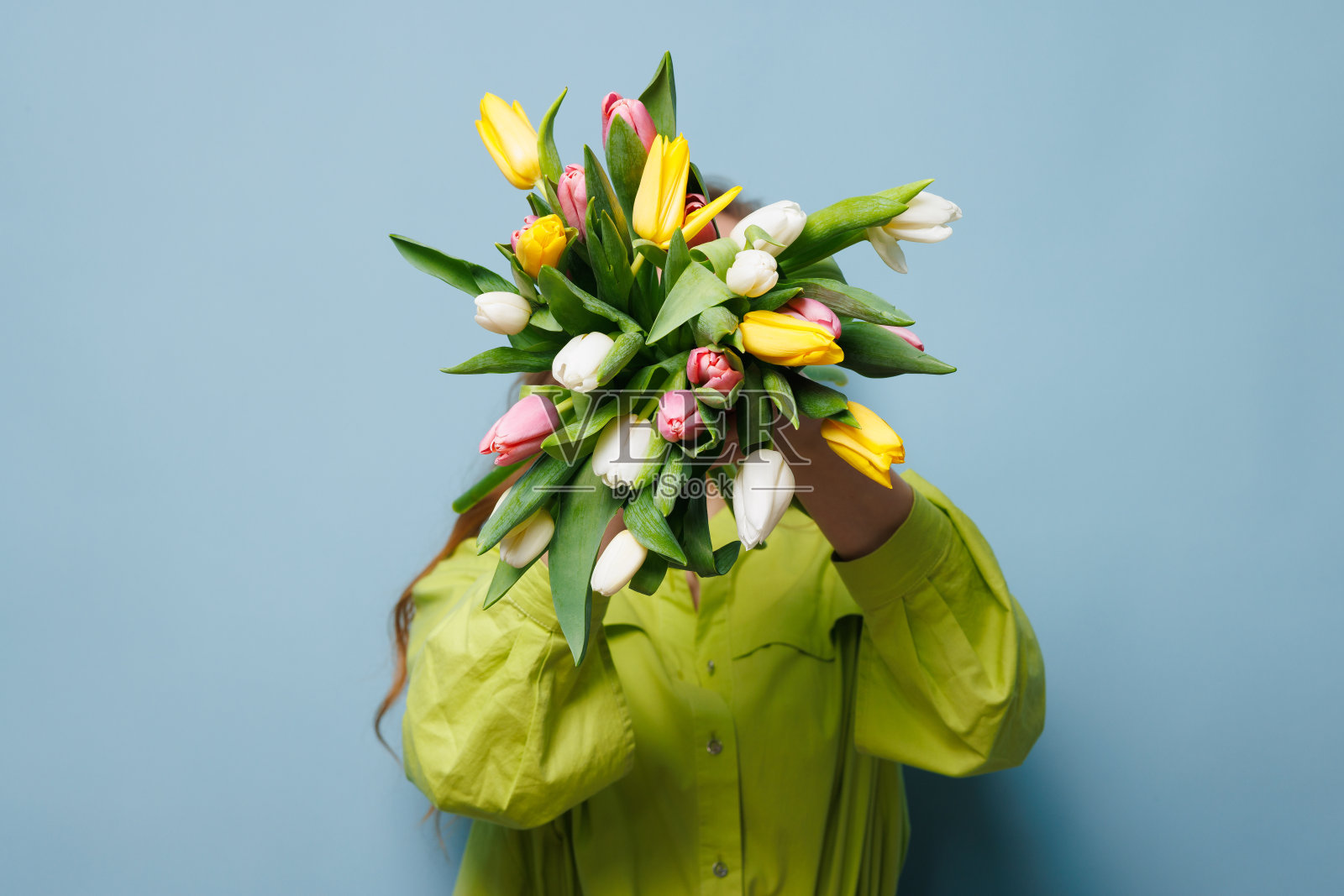 女孩用一束春天的郁金香在一个干净的蓝色背景，春天的花朵照片摄影图片
