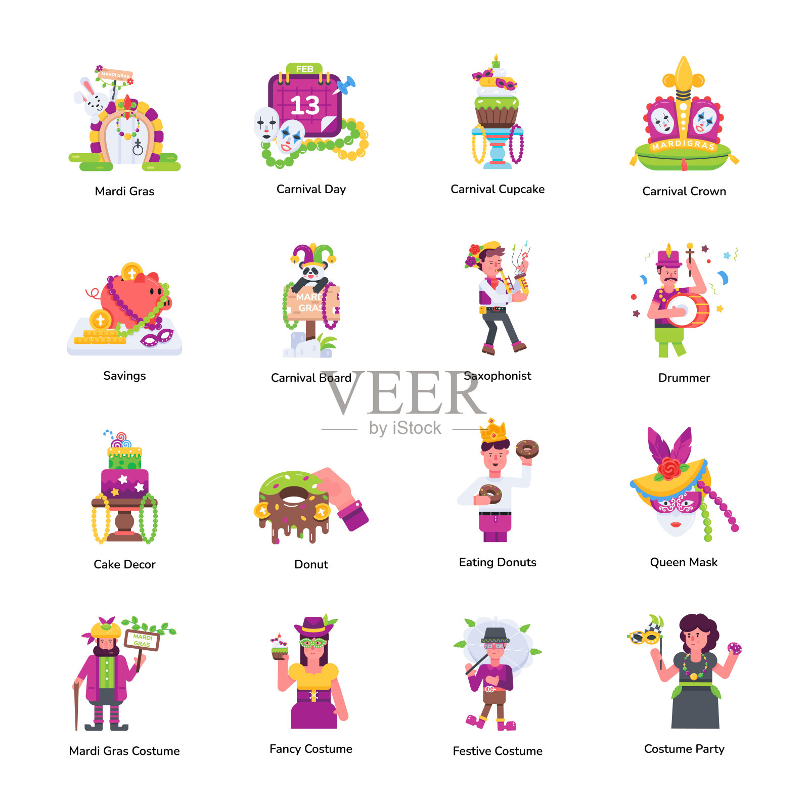 描绘狂欢节庆祝活动的时尚平面图标插画图片素材