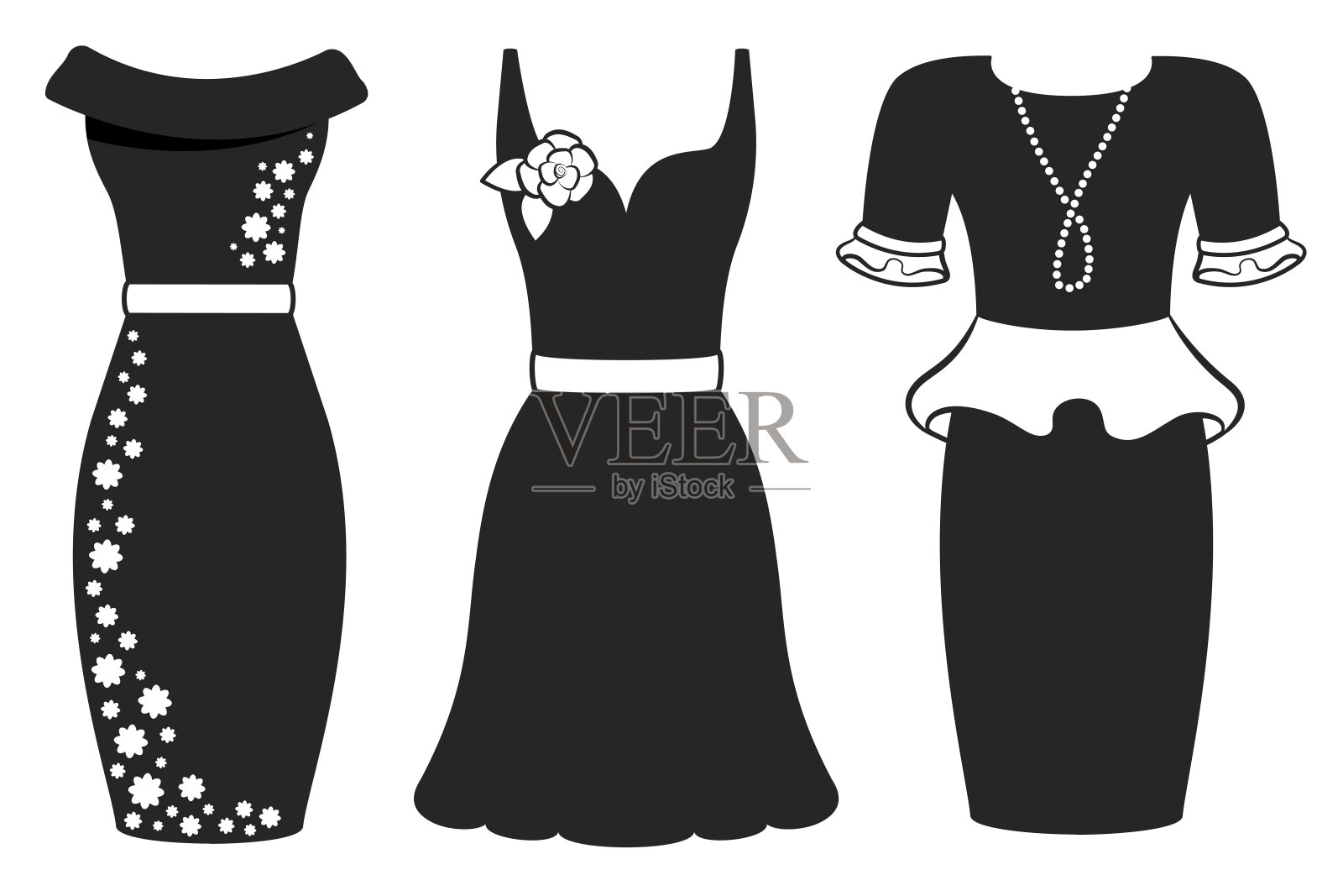一套黑色的裙子剪影孤立。经典鸡尾酒戴珠宝和玫瑰的集合。优雅的晚礼服，迷人的夜晚。现代设计。平面矢量图插画图片素材