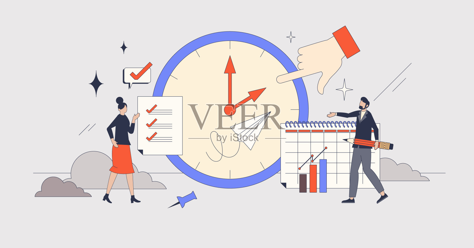 时间管理和有效的工作组织复古小人物概念插画图片素材