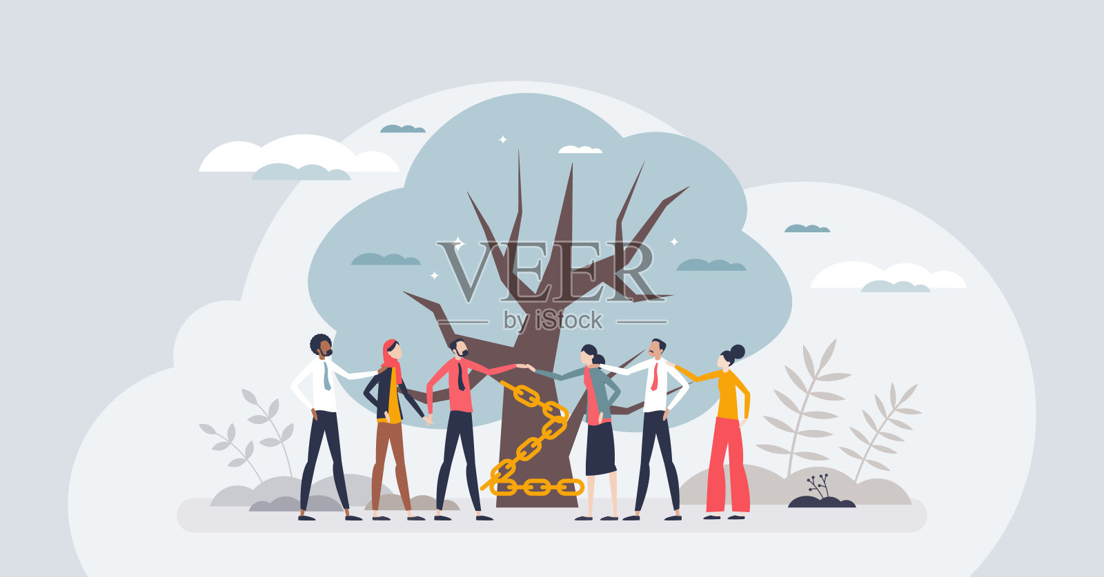 力量在团结，共同成长为发展的微人理念插画图片素材