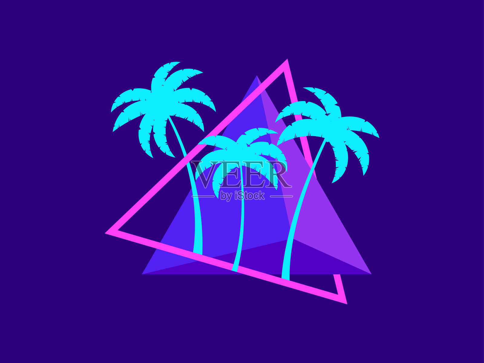 80年代未来主义风格的棕榈树。三角形与热带棕榈树的剪影合成波80年代。设计横幅和海报，广告产品。矢量图插画图片素材