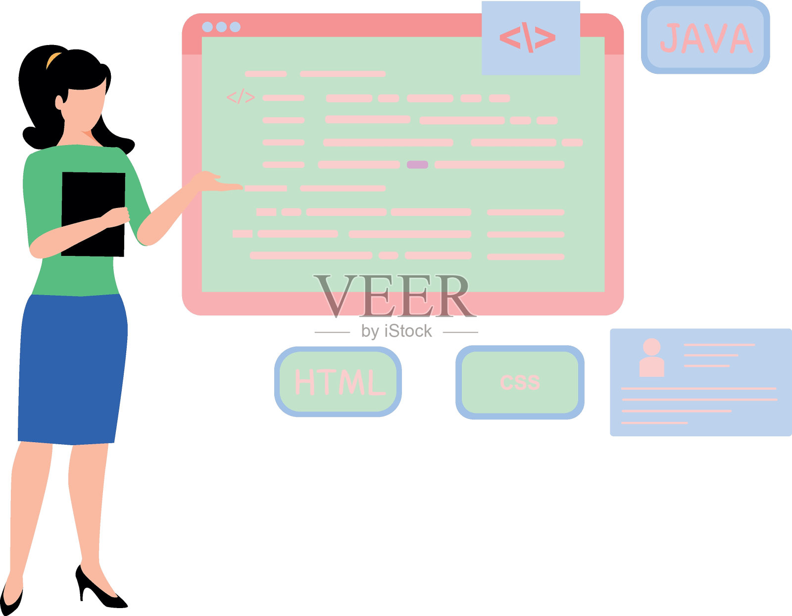 这个女孩正在学习Java编程。插画图片素材